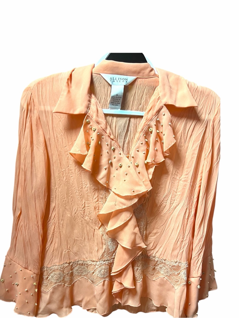 Peach Ruffle Lace-Trim Blouse - Women - Picture 2 of 3